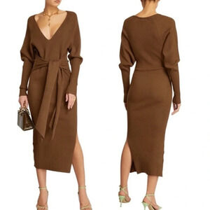 Good American Belted Long Sleeve Ribbed Bodycon Dress Midi Brown Sz 1/2